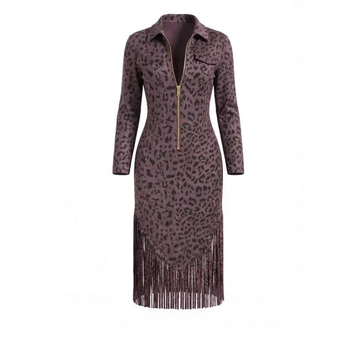 Animal Print Fringe Hem Dress with Front Zip