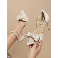 Cream Pointed Toe Heels with Pearl Bow Detail