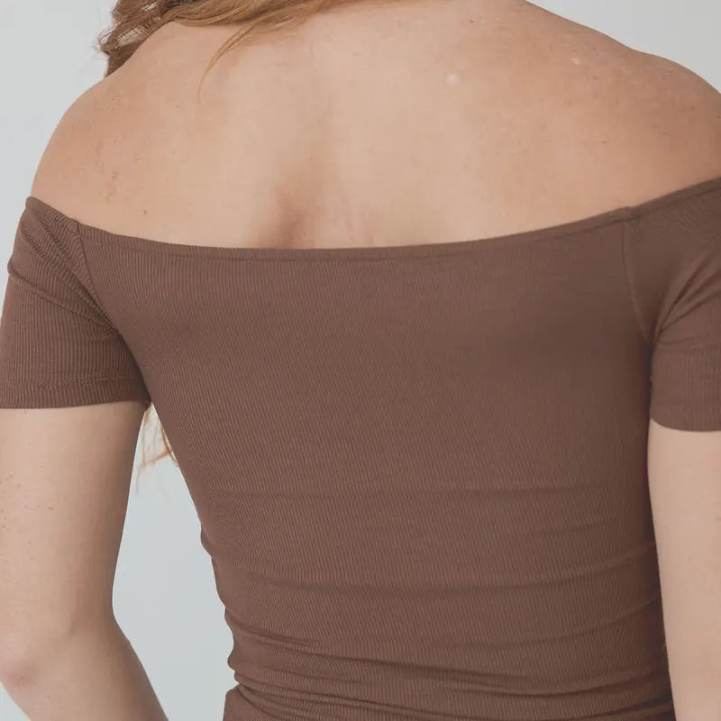Brown Ribbed Off-Shoulder Short-Sleeve Top