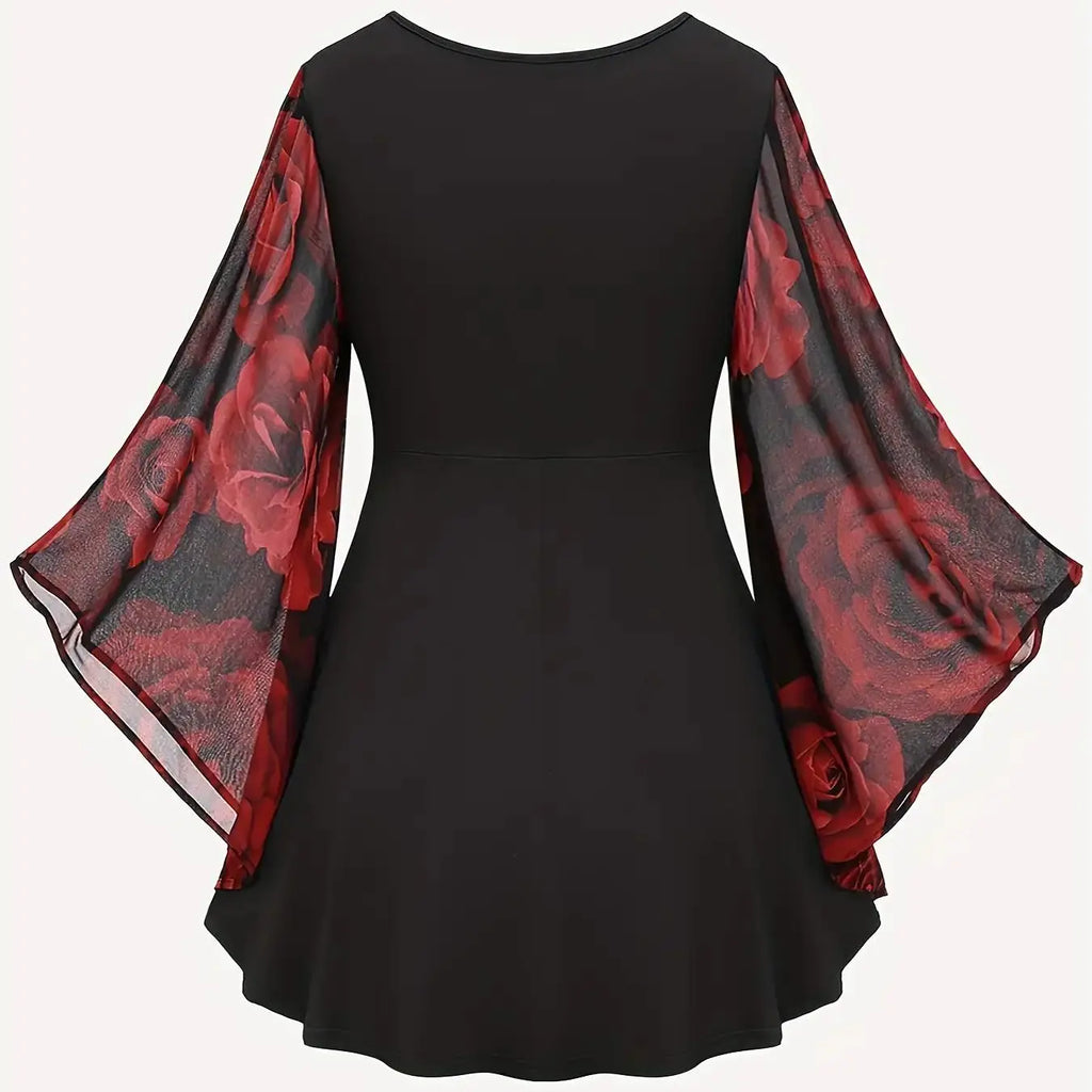 Red Rose Print Chiffon Top With Lace-Up Waist