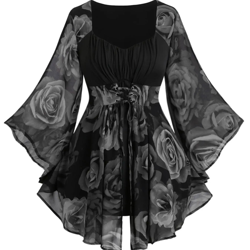 Red Rose Print Chiffon Top With Lace-Up Waist