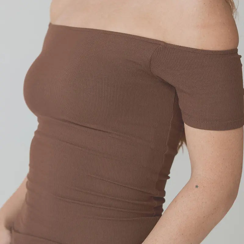 Brown Ribbed Off-Shoulder Short-Sleeve Top