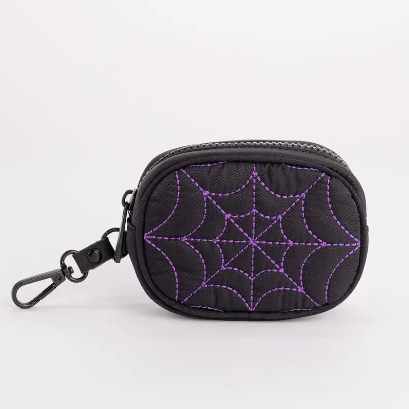 Black Quilted Zip Pouch with Green Web Stitching