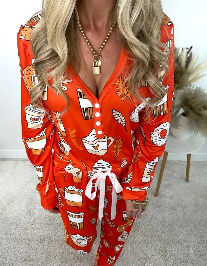 Orange Long Sleeve Pajama Set with Coffee Cup Print